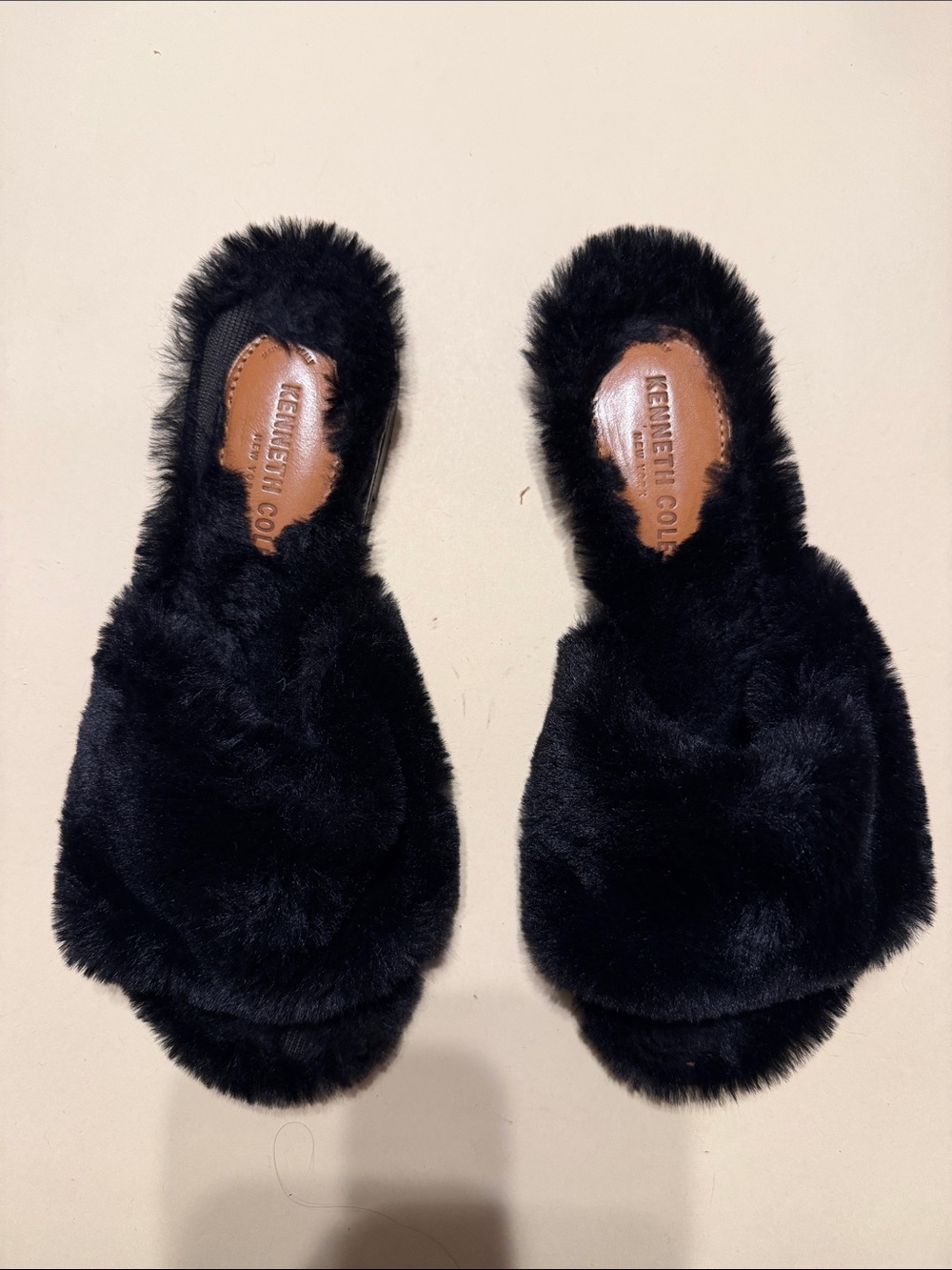 Kenneth Cole Plush Black Faux Fur Slide Sandals